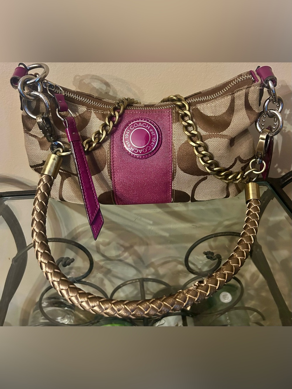 Coach Vintage Signature Canvas Shoulder Bag with Magenta Accents